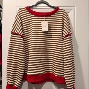Striped Crew Neck Sweater with Red Accents